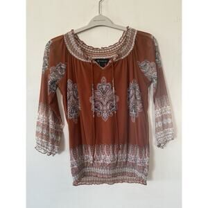 INC International Concepts Coral Brown Boho Peasant 3/4 Sleeve Blouse Sz Medium